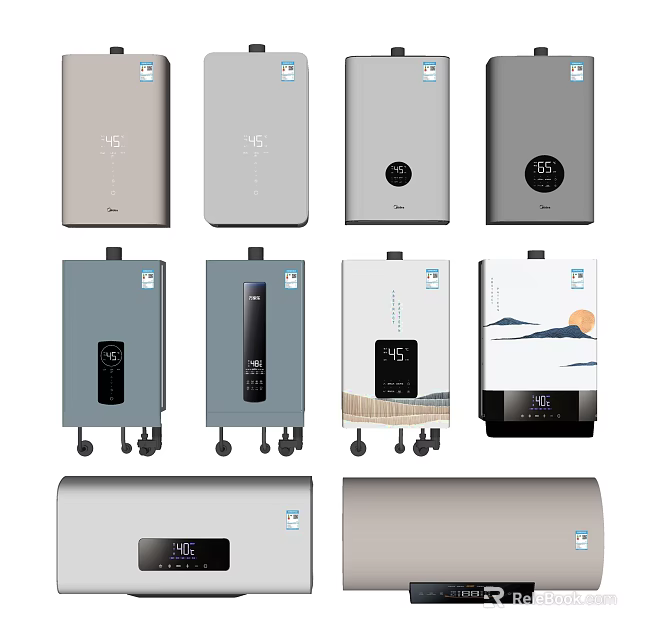 Various Modern Electric Water Heaters for Daily Use with Digital Displays and Colorful Designs 3d model 