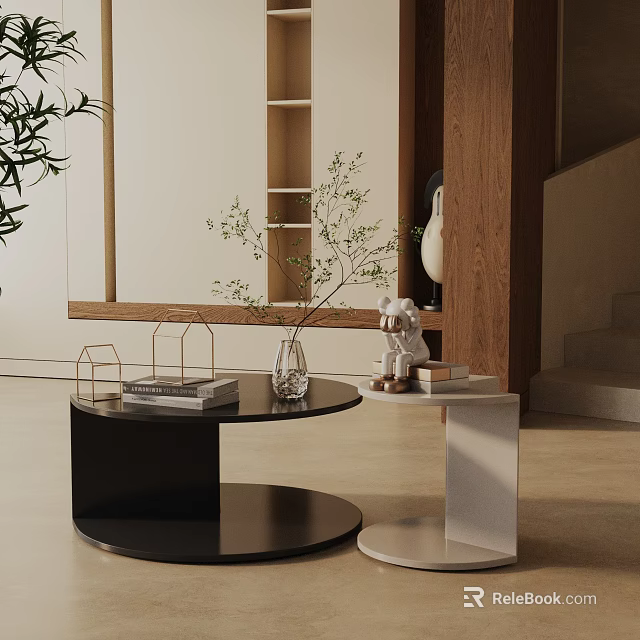 Modern Sofa Coffee Table Set With Black Round Table White Side Tables Decorative Plants Books 3d model