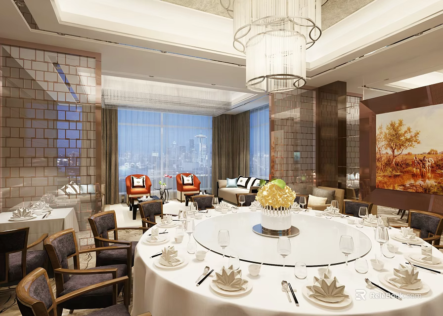 Luxurious Private Dining Room with Round Table City View Windows Chandelier and Fruit Platter 3d model 