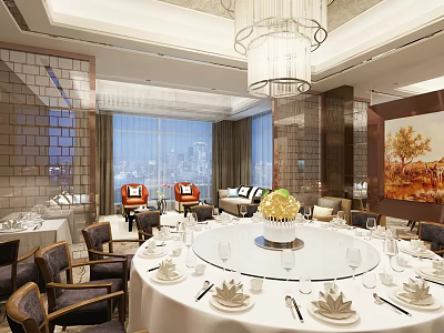 Luxurious Private Dining Room with Round Table City View Windows Chandelier and Fruit Platter 3d model