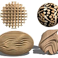 Artistic Wooden Sculptures Featuring Grid Like Spherical Patterned Layered Wavy And Irregular Designs 3d model