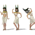 Women In Egyptian Style Costumes With Horned Headdresses Dancing By Ancient Mural