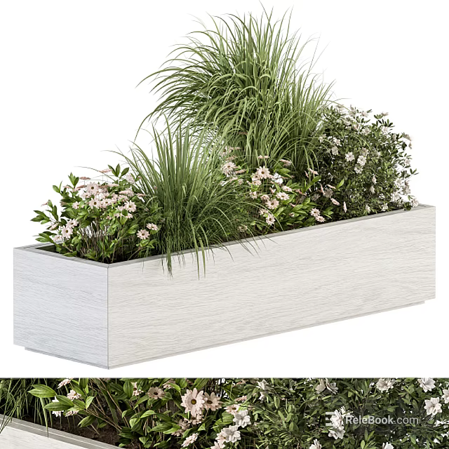 Rectangular White Wooden Planter With Green Grasses And White Flowers For Indoor Outdoor Container Garden 3d model 
