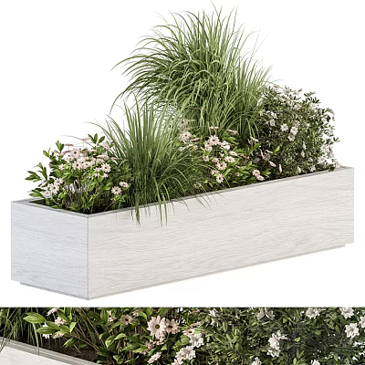 Rectangular White Wooden Planter With Green Grasses And White Flowers For Indoor Outdoor Container Garden 3d model
