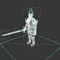 Game Fantasy Character In Black Spiked Helmet Armor With Blue Long Sword On Wooden Platform