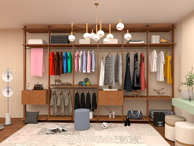 Modern Open Wooden Wardrobe Interior With Colorful Hanging Clothes Folded Shelves And Accessories 3d model
