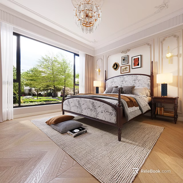 Classic Carved Headboard Double Bed in Bedroom with Large Window Green Trees and Wooden Floor 3d model 