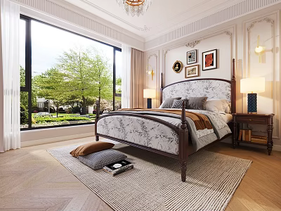 Classic Carved Headboard Double Bed in Bedroom with Large Window Green Trees and Wooden Floor 3d model