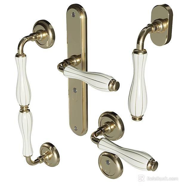 Elegant Brass And White Ceramic Door Handles With Classic Lever And Knob Designs For Home Decor 3d model 