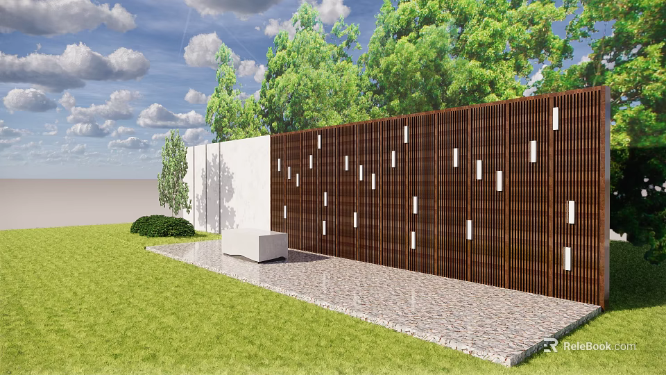 Modern Wooden Garden Wall With Vertical Slats Lighting Grass Stone Path And Trees 3d model 