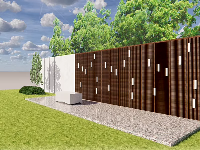 Modern Wooden Garden Wall With Vertical Slats Lighting Grass Stone Path And Trees 3d model