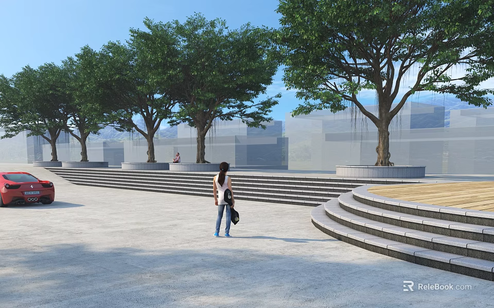 Park Landscape With Lush Trees Stone Steps And Open Area For Walking 3d model 