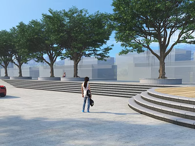 Park Landscape With Lush Trees Stone Steps And Open Area For Walking 3d model