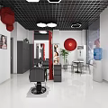 Modern Beauty Hair Salon Interior With Hexagonal Lights Red Mirrors And Barber Chairs
