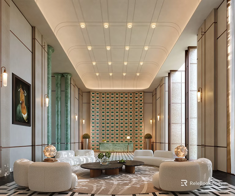 Luxurious Hotel Lobby Interior With White Sofas Green Columns And Ceiling Lights 3d model