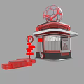 Red Spherical Topped Pavilion Structure With Transparent Walls And Red Seats