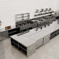 Commercial Kitchen Interior With Stainless Steel Worktables Range Hoods Sinks And Cabinets