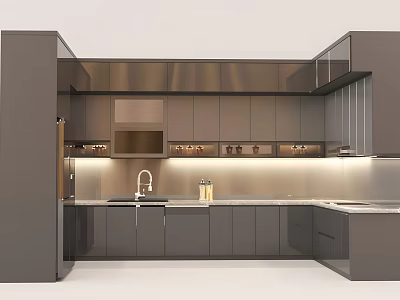 Sleek Gray Modern Kitchen Cabinets With Integrated Appliances Countertop And Under Cabinet Lighting 3d model