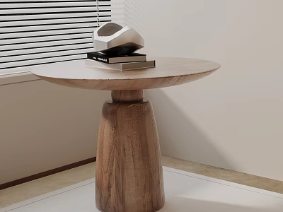 Round Top Side Table With Natural Wood Grain Base And Decorative Books 3d model