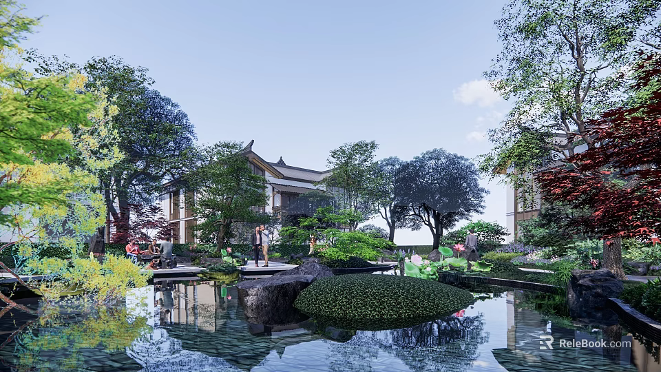 Traditional Chinese Garden Landscape With Pond Rocks Trees And Classic Architecture 3d model 
