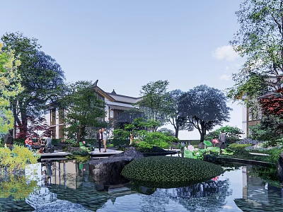 Traditional Chinese Garden Landscape With Pond Rocks Trees And Classic Architecture 3d model