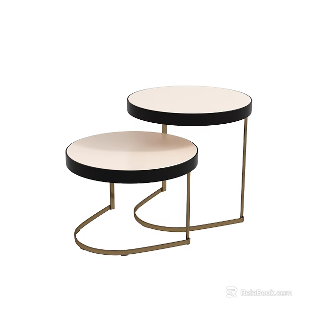 Two Piece Round Side Tables with Light Colored Tops and Black Brass Frames 3d model