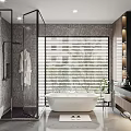 Elegant Bathroom Interior Design With Glass Shower Freestanding Bathtub Window Blinds And Round Mirror