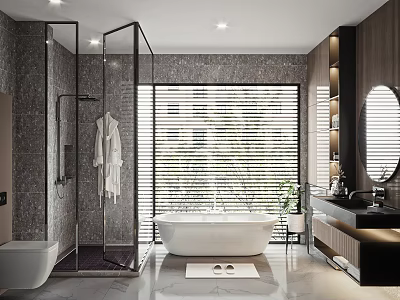 Elegant Bathroom Interior Design With Glass Shower Freestanding Bathtub Window Blinds And Round Mirror 3d model