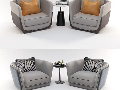 Casual Sofa Set With Gray Armchairs Orange And Leaf Pattern Pillows And Central Side Table 3d model