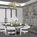 Elegant Restaurant with Round Dining Table White Chairs Marble Wall Golden Chandelier and White Orchids