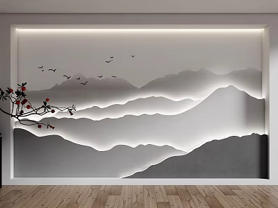 New Chinese Style Sofa Background Wall With Mountain Lighting Birds And Floral Branch 3d model