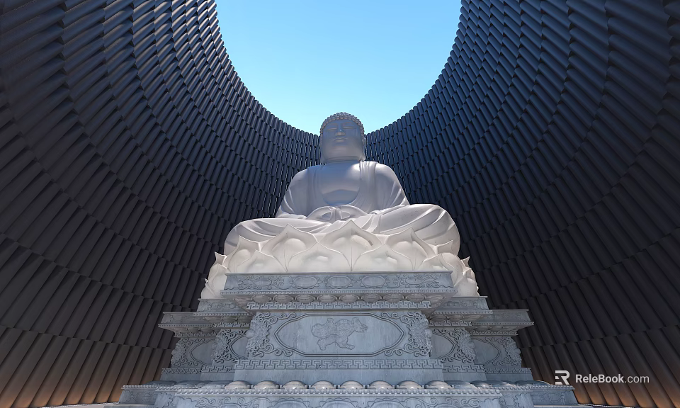 White Buddha Sculpture Seated On Lotus Pedestal Against Curved Black Building Blue Sky 3d model 