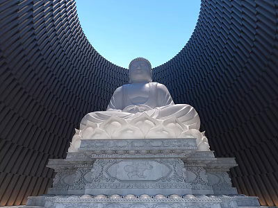 White Buddha Sculpture Seated On Lotus Pedestal Against Curved Black Building Blue Sky 3d model