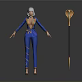 Woman in Blue Suit with Gold Details and Silver Hair Standing by Ornate Staff