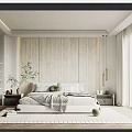 Modern Bedroom Interior With Wooden Accent Wall White Bed Green Plant And Pendant Lights