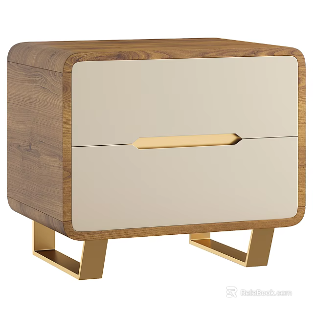 Modern Walnut Wood Nightstand With Single Beige Drawer Front Gold Handle And Metal Legs 3d model 