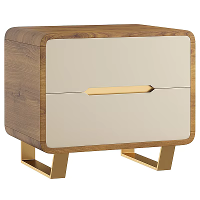 Modern Walnut Wood Nightstand With Single Beige Drawer Front Gold Handle And Metal Legs 3d model