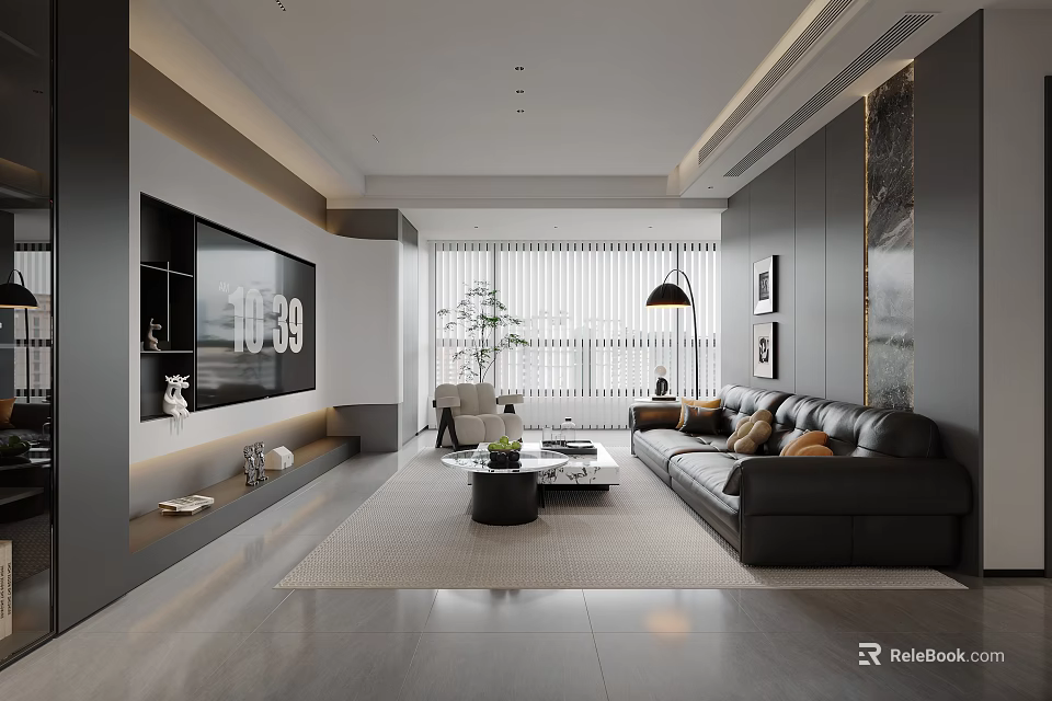 Modern Minimalist Living And Dining Room Interior With Black Leather Sofa And Stylish Home Decor 3d model 