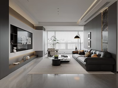 Modern Minimalist Living And Dining Room Interior With Black Leather Sofa And Stylish Home Decor 3d model