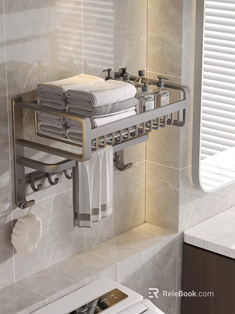 Modern Bathroom Towel Rack With Folded Towels And Toiletries In Stylish Wall Mounted Design 3d model 