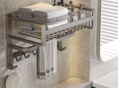 Modern Bathroom Towel Rack With Folded Towels And Toiletries In Stylish Wall Mounted Design 3d model