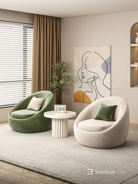 Modern Green And Beige Curved Armchairs With Abstract Painting Potted Plant And Round Table 3d model 