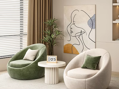 Modern Green And Beige Curved Armchairs With Abstract Painting Potted Plant And Round Table 3d model