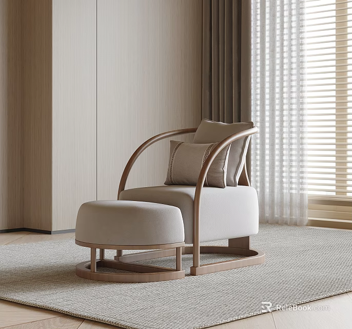 Modern Minimalist Leisure Chair With Wooden Frame Beige Cushion And Ottoman In Cozy Indoor Setting 3d model 