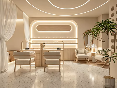 Modern Beauty Salon Interior With Soft Lighting Comfortable Chairs And Green Plants 3d model