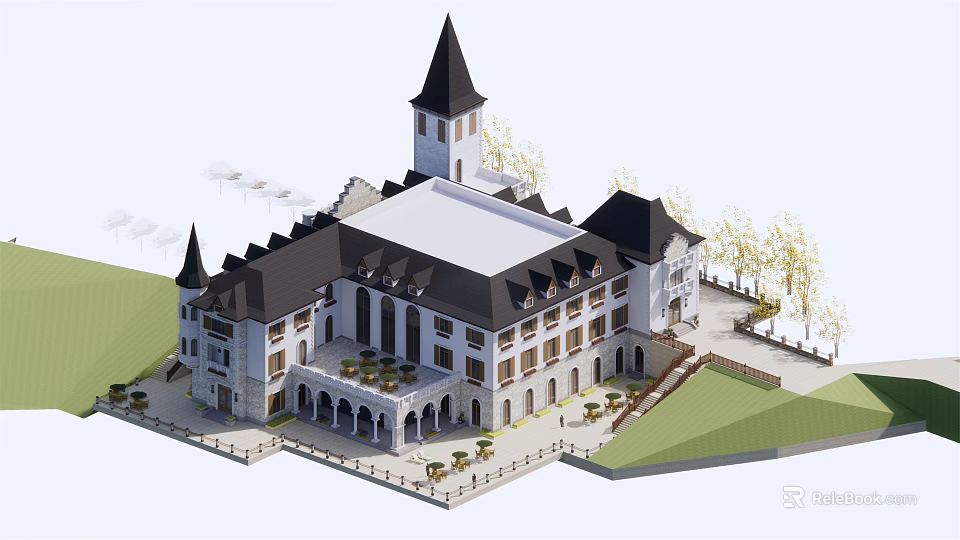 European Style Hotel Building With Black Spire Tower White Exterior And Courtyard Greenery 3d model 