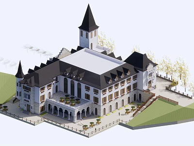 European Style Hotel Building With Black Spire Tower White Exterior And Courtyard Greenery 3d model