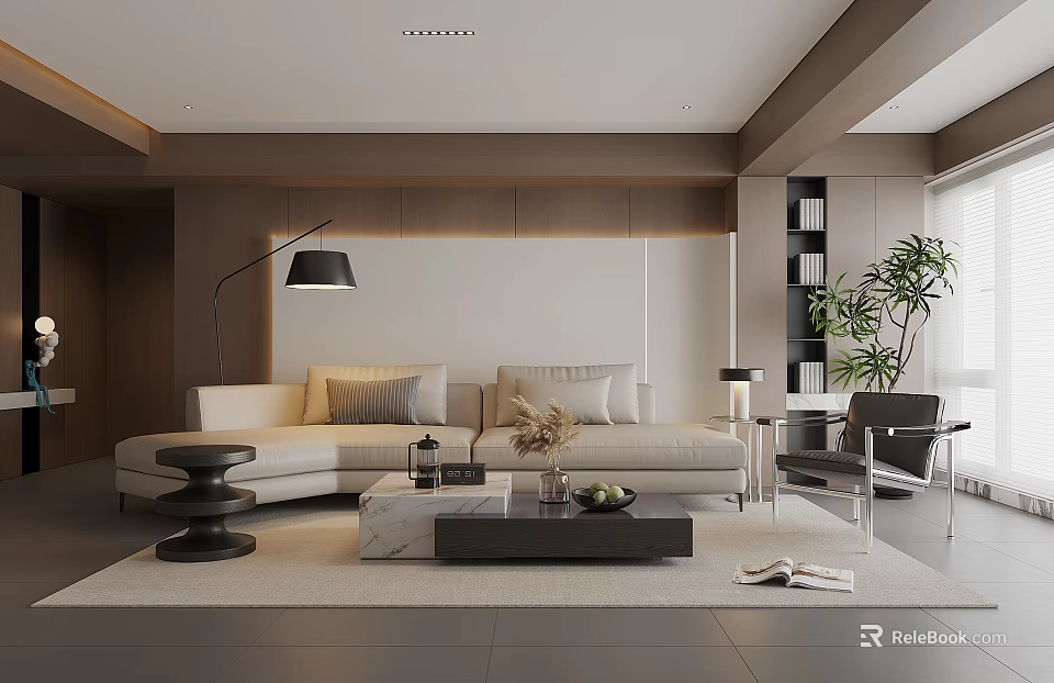 Modern Living Room Interior With Beige Sofa Black Floor Lamp And Marble Coffee Table 3d model 