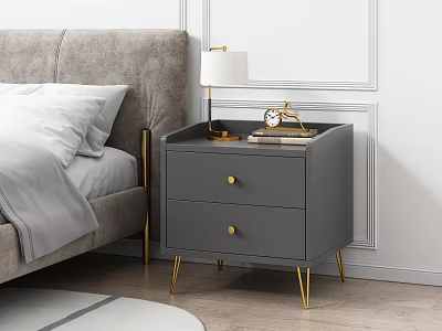 Modern Gray Nightstand With Two Drawers Gold Handles Legs White Table Lamp And Clock 3d model
