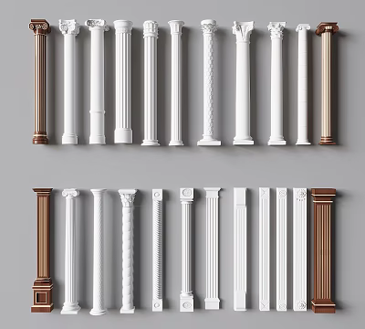 White And Brown Roman Columns In Various Classic Styles With Decorative Designs Displayed In Rows 3d model